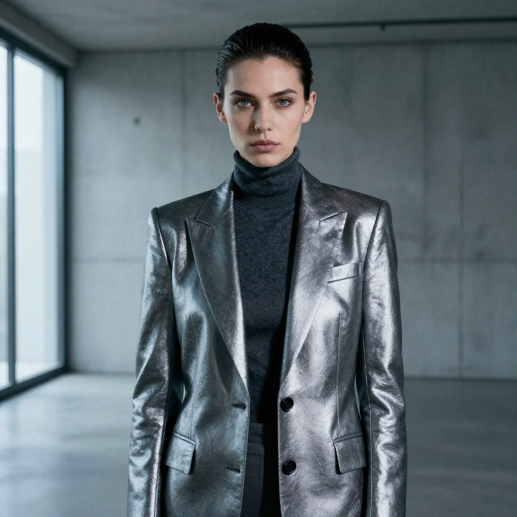 Editorial portrait of a fictional 31-year-old woman with dark hair slicked into a low tight bun,